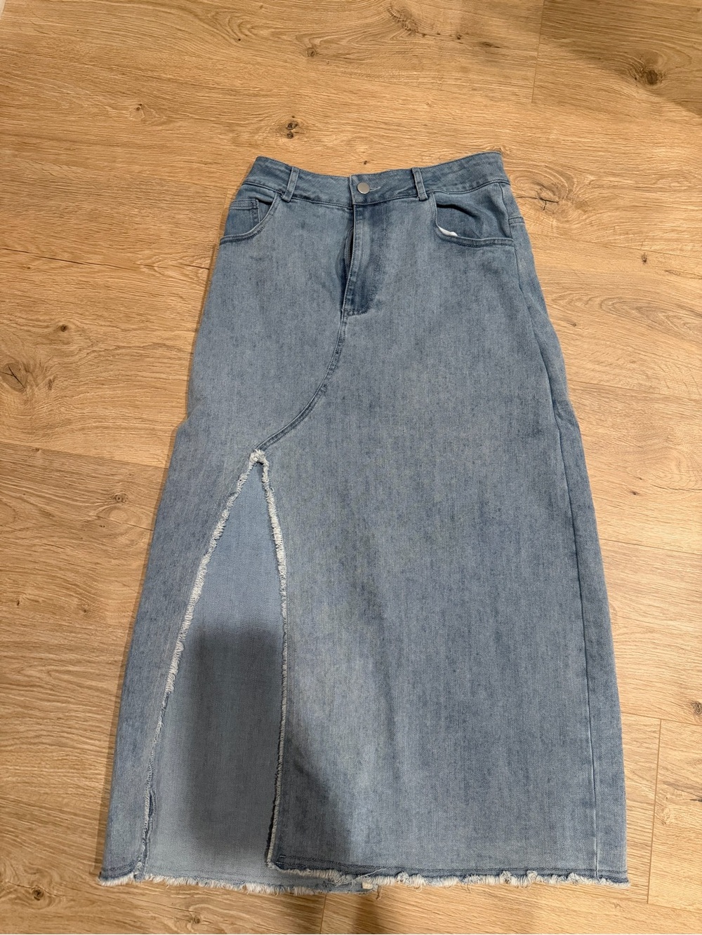 Women's Light Blue Denim Midi Skirt with Front Slit